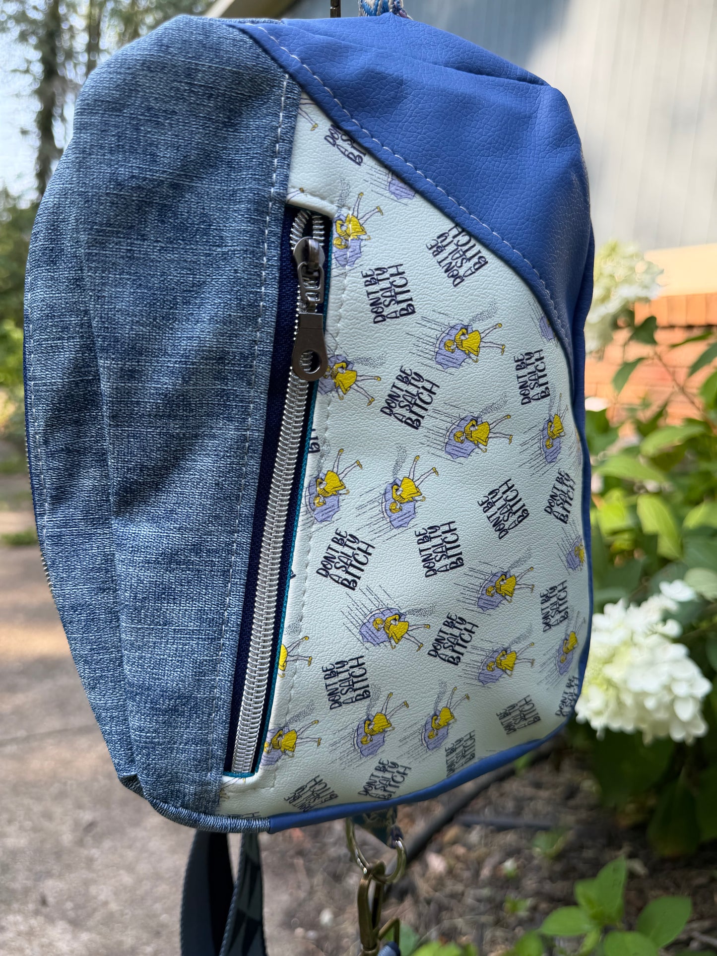 Kandu Trio Crossbody/handbag-Don’t be a salty Bitch vinyl, faux Jean vinyl and wpc inner