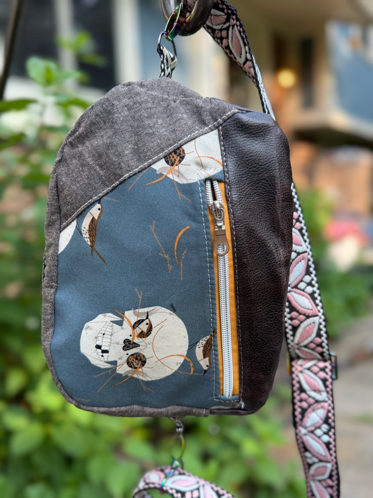 Kandu Trio Crossbody/handbag- skull canvas, faux suede and faux leather outer/ wpc inner