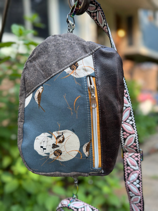 Kandu Trio Crossbody/handbag- skull canvas, faux suede and faux leather outer/ wpc inner