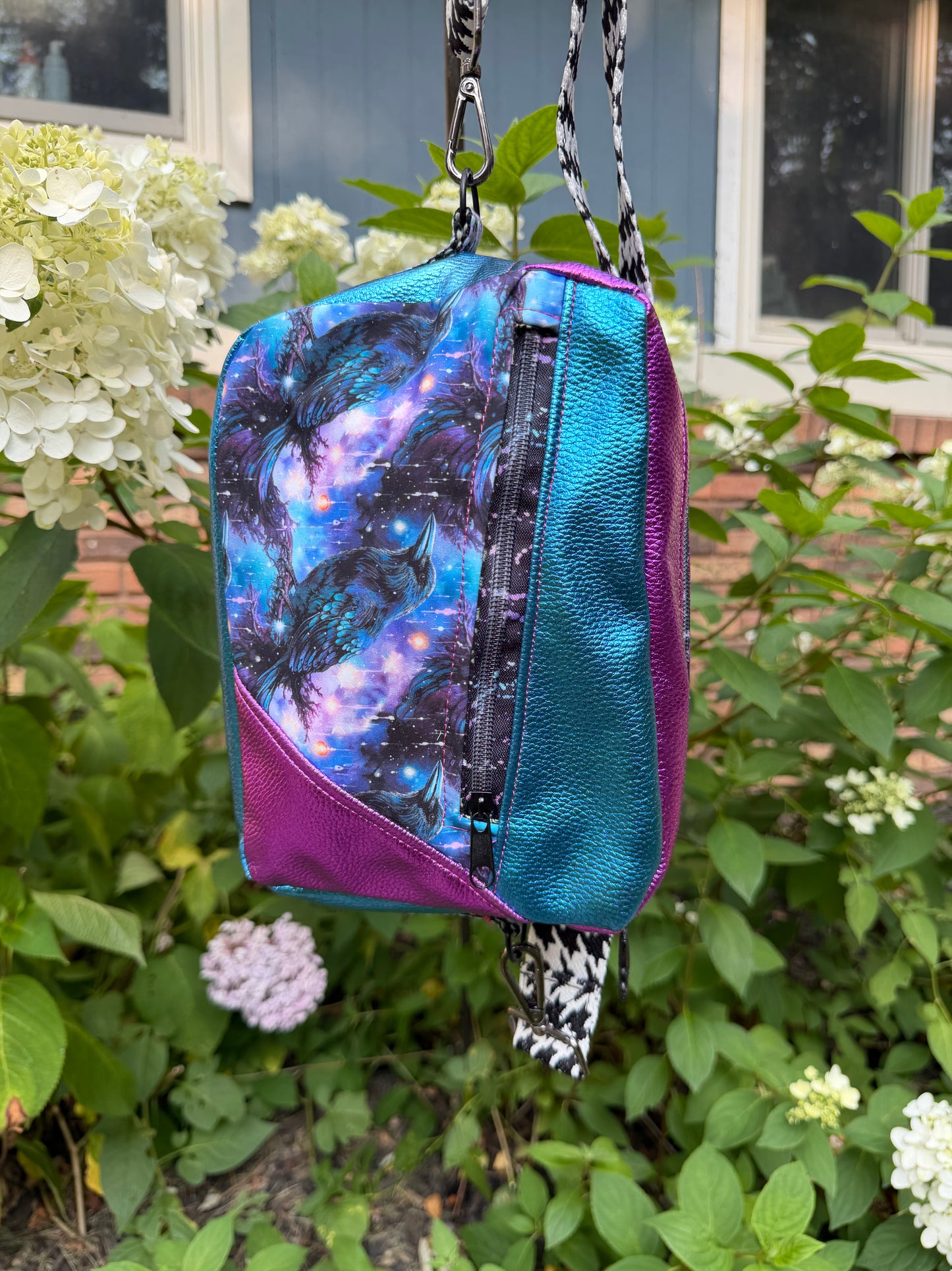Kandu Trio Crossbody/handbag-  softshell raven print from Czech and faux leather outer/ wpc inner