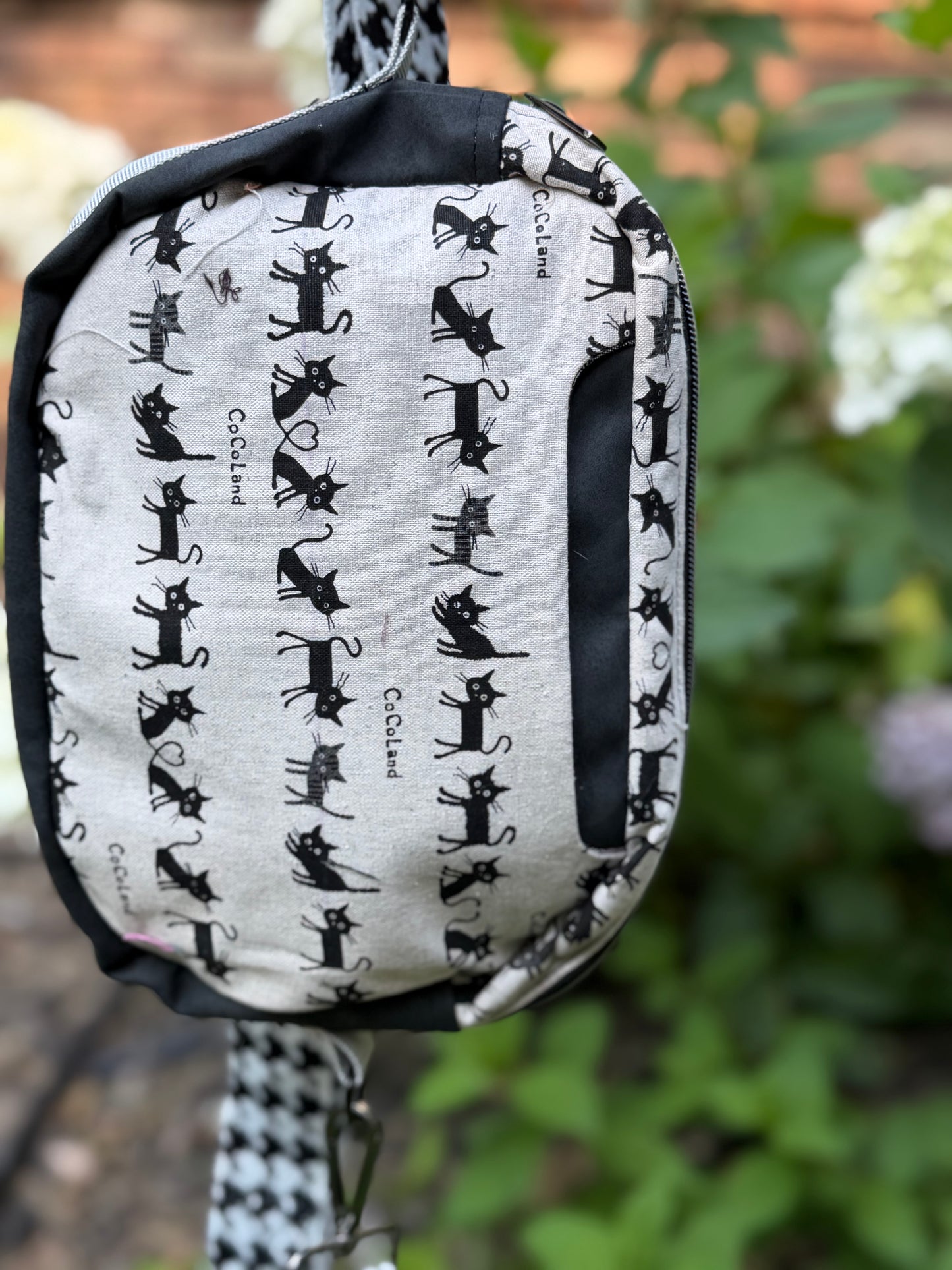 Kandu Trio Crossbody/handbag- Japanese coco cats canvas and faux suede outer fabric inner
