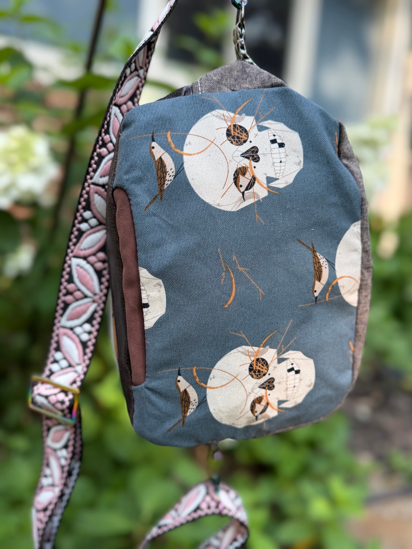 Kandu Trio Crossbody/handbag- skull canvas, faux suede and faux leather outer/ wpc inner