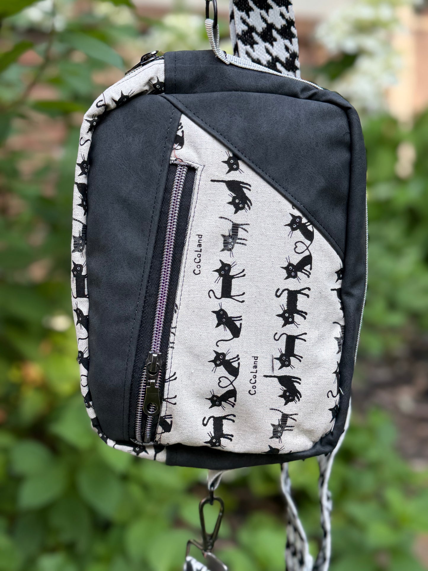 Kandu Trio Crossbody/handbag- Japanese coco cats canvas and faux suede outer fabric inner