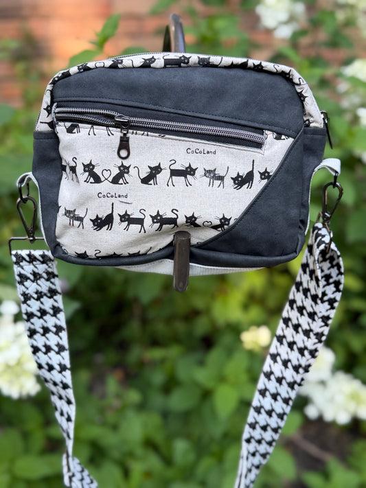 Kandu Trio Crossbody/handbag- Japanese coco cats canvas and faux suede outer fabric inner
