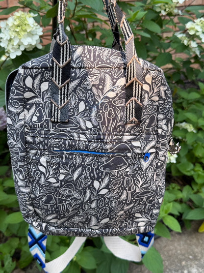 Small canvas backpack in mushrooms and gems