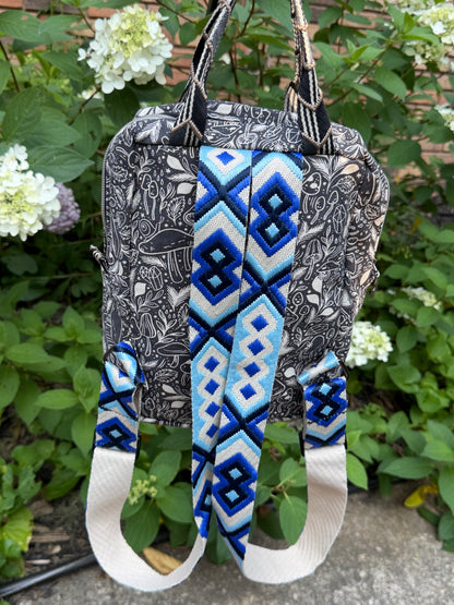 Small canvas backpack in mushrooms and gems